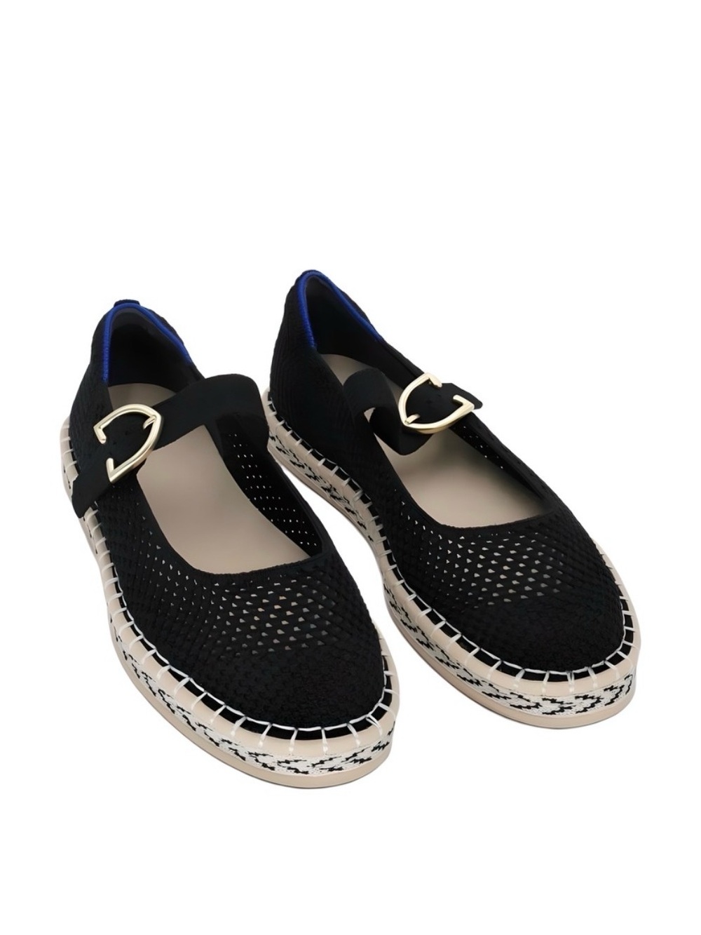 Rothy's Black Knit Mary Jane Espadrille with Gold Heart Buckle